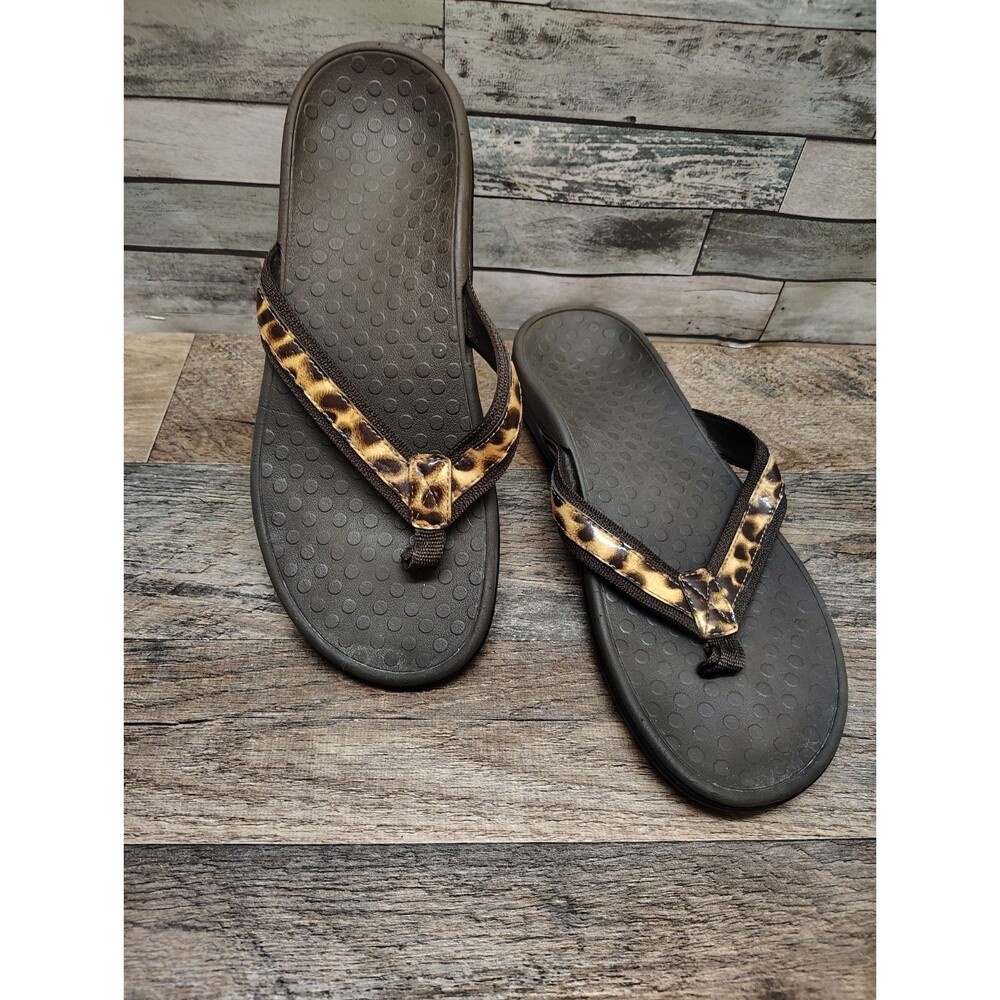 Vionic Tide II Flip Flops Brown Leopard Print Thong Sandals Women’s Size 9M